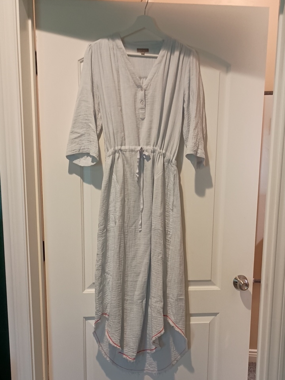 Lilla P Light Blue Hi-Low Button Front Drawstring Gauze Dress Lrg